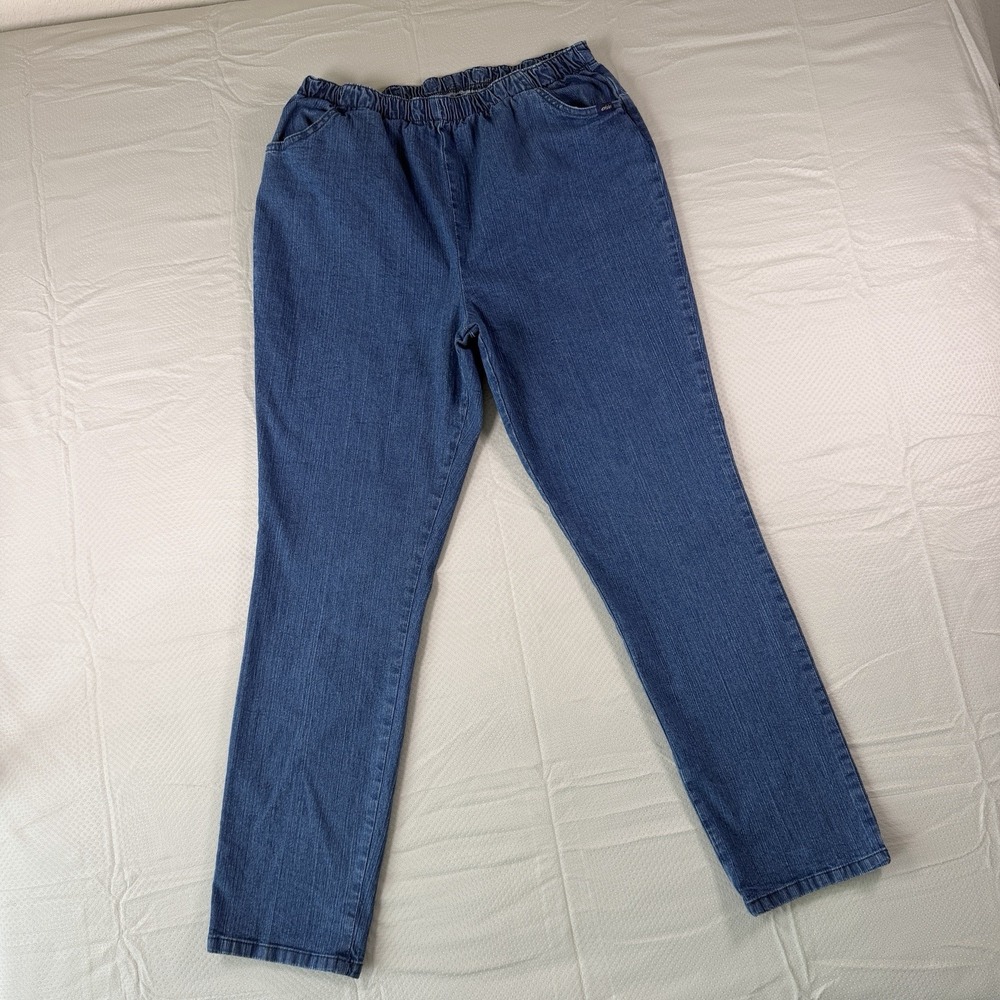Chic Vintage Elastic Waist Blue Denim Jeans Womens 14 Stretch Straight Leg